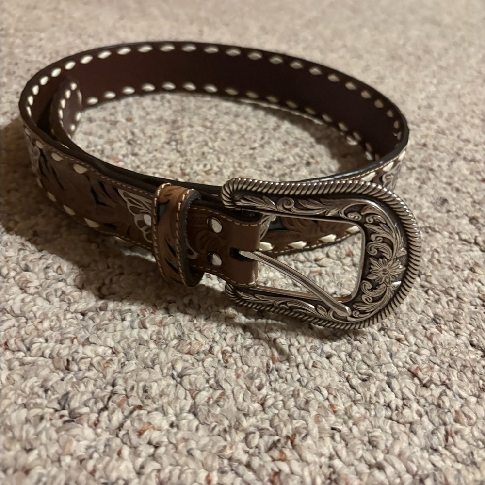 Nocona Brown Leather Belt with White Stitching